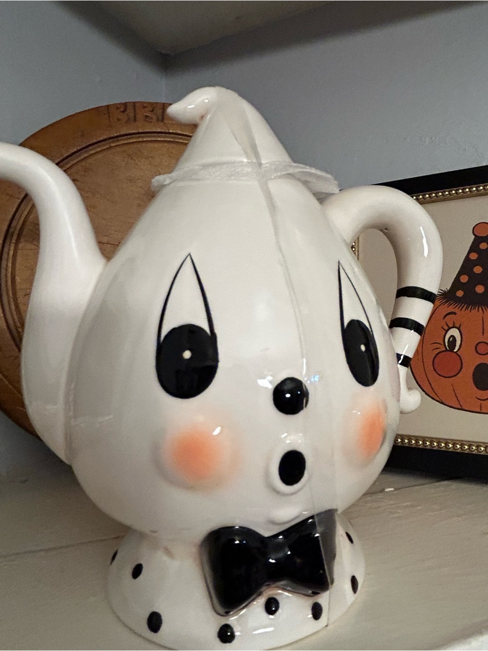 White Ceramic Ghost Teapot with Black Accents - Brand: Joanna Parker New Issue